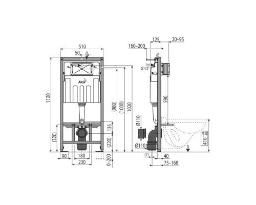 Инсталляция для подвесного унитаза AlcaPlast AM101/1120+M70-001